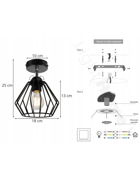 Plafon EDISON w industrialnym stylu - metalowy reflektor rombowy do nowoczesnych wnętrz i loftowych aranżacji.