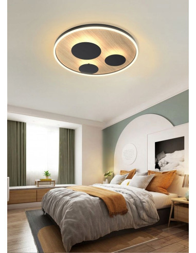 Nowoczesna lampa sufitowa okrągła REIMS z imitacją drewna, czarna, zintegrowane LED, 4 źródła światła, 40W