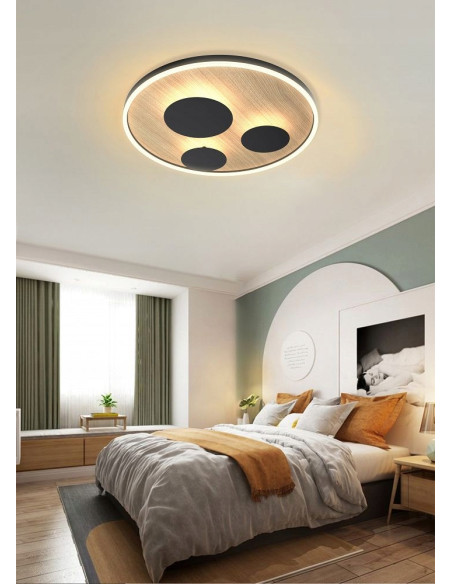 Nowoczesna lampa sufitowa okrągła REIMS z imitacją drewna, czarna, zintegrowane LED, 4 źródła światła, 40W