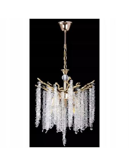 Elegancki złoty żyrandol z kryształowymi zwisami do luksusowych wnętrz - idealny do salonu i jadalni