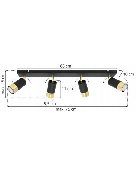 Luksusowa listwa LED w stylu glamour z 4 reflektorami czarno-złotymi do nowoczesnych wnętrz