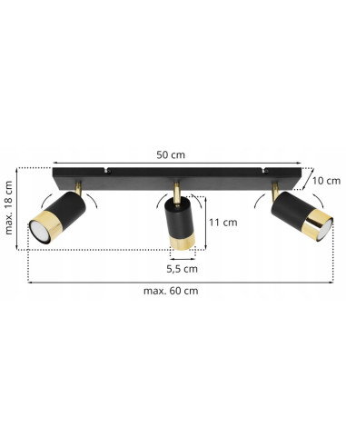 Kinkiet sufitowy HUGO w czerni i złocie - nowoczesne oświetlenie do kuchni i jadalni z trzema punktami świetlnymi