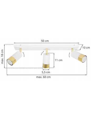 Plafon HUGO z 3 reflektorami, biało-złoty, nowoczesny, metalowy, regulowane oświetlenie do wnętrz