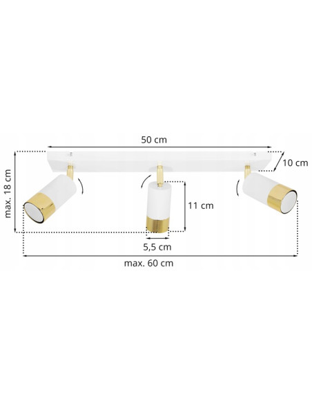Plafon HUGO z 3 reflektorami, biało-złoty, nowoczesny, metalowy, regulowane oświetlenie do wnętrz