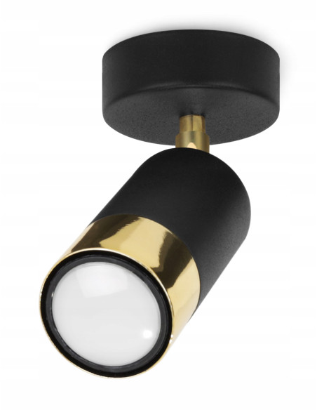 Kinkiet HUGO w czerni z złotym akcentem, regulowany reflektor do nowoczesnych wnętrz kuchennych i salonowych