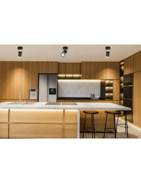 Kinkiet HUGO w czerni z złotym akcentem, regulowany reflektor do nowoczesnych wnętrz kuchennych i salonowych