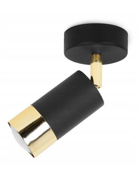 Kinkiet HUGO w czerni z złotym akcentem, regulowany reflektor do nowoczesnych wnętrz kuchennych i salonowych