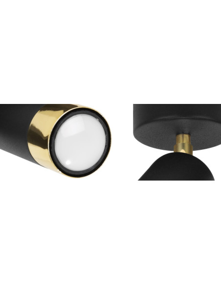 Kinkiet HUGO w czerni z złotym akcentem, regulowany reflektor do nowoczesnych wnętrz kuchennych i salonowych