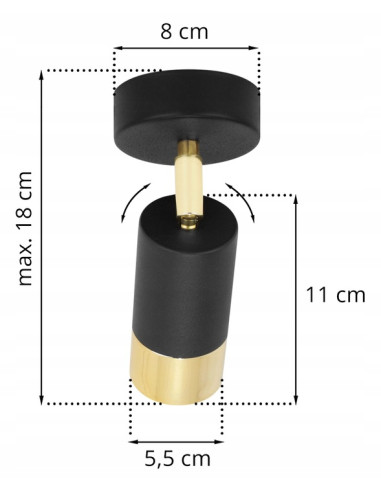 Kinkiet HUGO w czerni z złotym akcentem, regulowany reflektor do nowoczesnych wnętrz kuchennych i salonowych