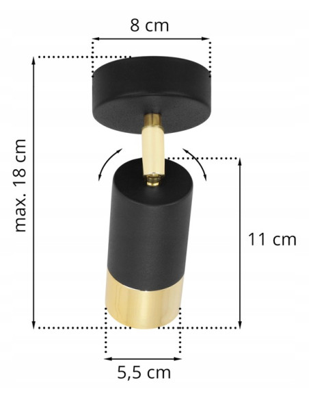 Kinkiet HUGO w czerni z złotym akcentem, regulowany reflektor do nowoczesnych wnętrz kuchennych i salonowych