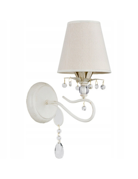 LUKRECJA BIAŁY - elegancki kinkiet z abażurem ecru i kryształkami do sypialni oraz wnętrz komercyjnych