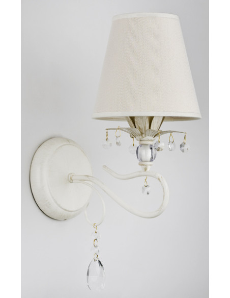 LUKRECJA BIAŁY - elegancki kinkiet z abażurem ecru i kryształkami do sypialni oraz wnętrz komercyjnych