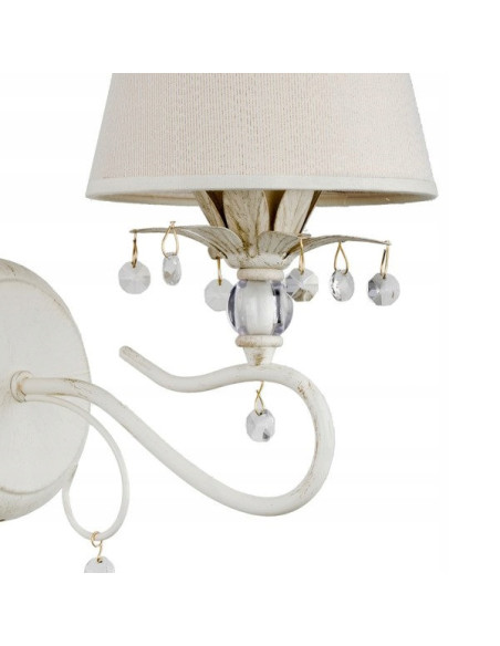 LUKRECJA BIAŁY - elegancki kinkiet z abażurem ecru i kryształkami do sypialni oraz wnętrz komercyjnych