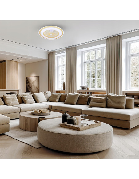 Nowoczesny wentylator sufitowy LED ZEPHYR, złoty, z pilotem, 48W - elegancka lampa do salonu i biura