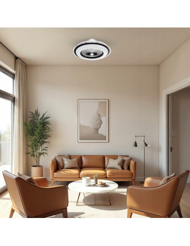 Okrągły wentylator LED ZEPHYR BLACK 48W z pilotem – nowoczesne oświetlenie i chłodzenie do salonu i biura