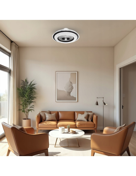Okrągły wentylator LED ZEPHYR BLACK 48W z pilotem – nowoczesne oświetlenie i chłodzenie do salonu i biura