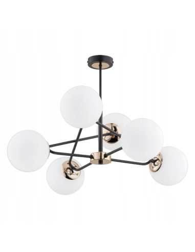 Lampa wisząca SAGITO MOSIĄDZ – 6-punktowa lampa z białymi kloszami i złotymi detalami do jadalni i salonu