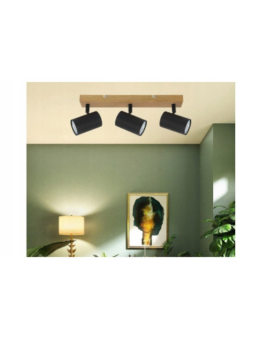 Reflektor sufitowy Quentin - minimalistyczne oświetlenie w stylu skandynawskim z drewnianym akcentem, 3-punkty, czarny/beżowy.