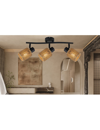 Lampa sufitowa Arila 3xE14 w stylu boho-industrialnym, czarna z naturalnym sznurkiem, idealna do kuchni i salonu