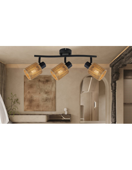 Lampa sufitowa Arila 3xE14 w stylu boho-industrialnym, czarna z naturalnym sznurkiem, idealna do kuchni i salonu