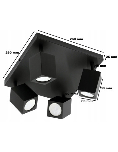 Nowoczesny kinkiet sufitowy QUANTUS IV z 4 obrotowymi reflektorami w czarnym kolorze do kuchni i wnętrz industrialnych