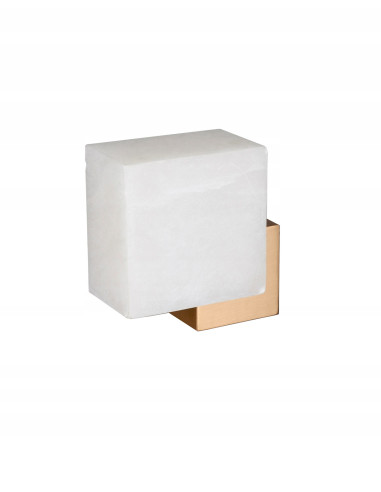 Kinkiet LED CUBO z białym marmurem, złote wykończenie, 3000K – minimalistyczne oświetlenie do sypialni.