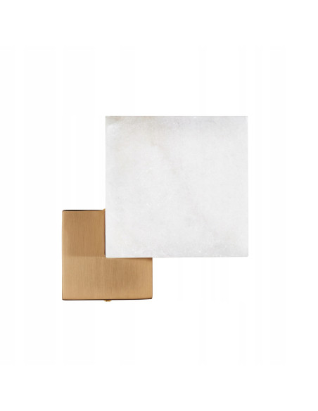 Kinkiet LED CUBO z białym marmurem, złote wykończenie, 3000K – minimalistyczne oświetlenie do sypialni.