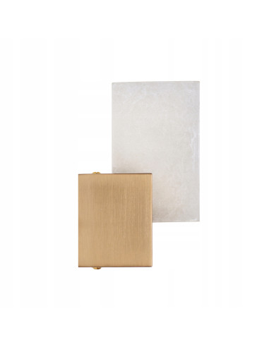 Kinkiet LED CUBO z białym marmurem, złote wykończenie, 3000K – minimalistyczne oświetlenie do sypialni.