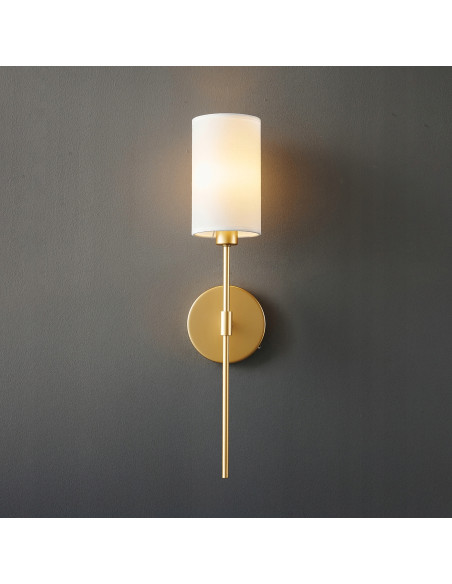 Luksusowy kinkiet DARLING w kolorze złotym z białym abażurem – eleganckie oświetlenie do sypialni i wnętrz.