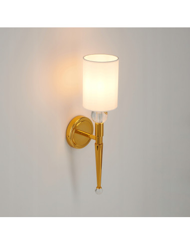 Kinkiet DAMA z Kryształami w Złotej Ramie - Nowoczesna Lampa Ścienna do Sypialni i Salonu w Białym Abażurze