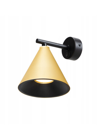 Kinkiet ścienny Cone w złocie z wysięgnikiem, metalowa lampa do sypialni z włącznikiem, elegancki design.