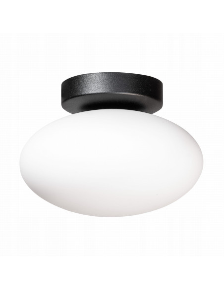 Minimalistyczna lampa sufitowa OMI z szklanym kloszem, czarną podsufitką, idealna do przedpokoi i korytarzy