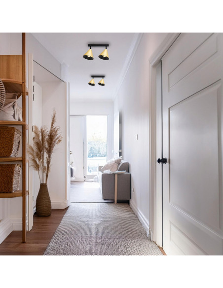 Podwójna lampa sufitowa Cone z regulowanymi reflektorami w złotym wykończeniu - elegancja do korytarza i salonu