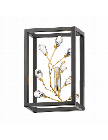 Stylowy kinkiet SPRING z motywem roślinnym, czarno-złoty, metalowo-kryształowy od Zuma Line do eleganckich wnętrz
