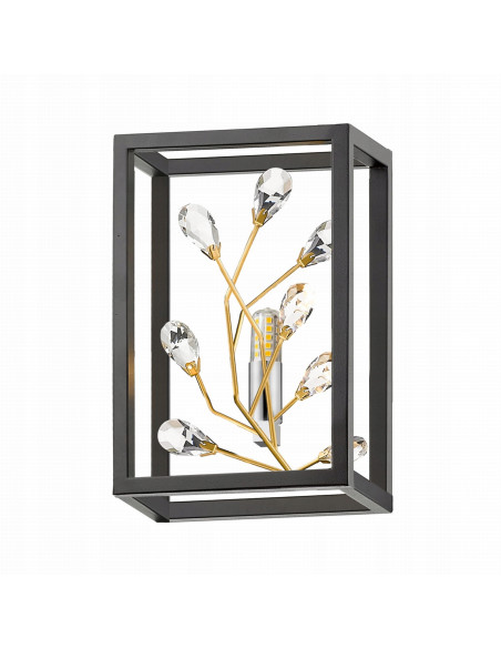Stylowy kinkiet SPRING z motywem roślinnym, czarno-złoty, metalowo-kryształowy od Zuma Line do eleganckich wnętrz
