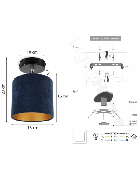 Lampa sufitowa Mediolan z aksamitnym abażurem, granatowa, regulowana, E27, elegancka do salonu, różne kolory konstrukcji