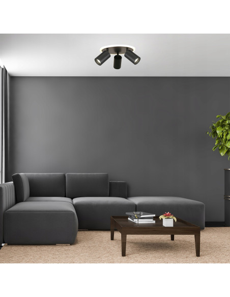 Plafon biurowy LED Parma z regulacją, okrągły, czarny metal, 3-punktowy, zmienna barwa światła