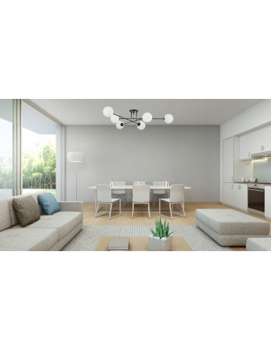 Lampa sufitowa DORADO z 6 kloszami, nowoczesny plafon w czarnej konstrukcji z białym szkłem do salonu i holu
