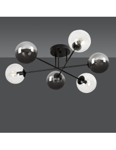Plafon nowoczesny BRENDI czarny z przezroczystymi kloszami, 6-punktowe oświetlenie do salonu i sypialni