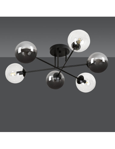 Plafon nowoczesny BRENDI czarny z przezroczystymi kloszami, 6-punktowe oświetlenie do salonu i sypialni