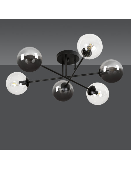 Plafon nowoczesny BRENDI czarny z przezroczystymi kloszami, 6-punktowe oświetlenie do salonu i sypialni