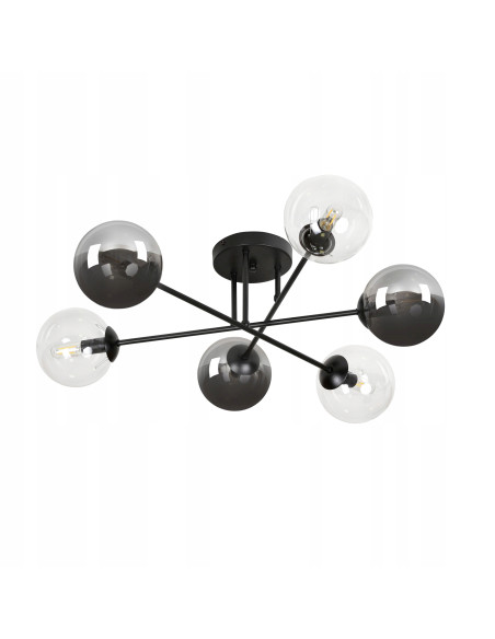 Plafon nowoczesny BRENDI czarny z przezroczystymi kloszami, 6-punktowe oświetlenie do salonu i sypialni