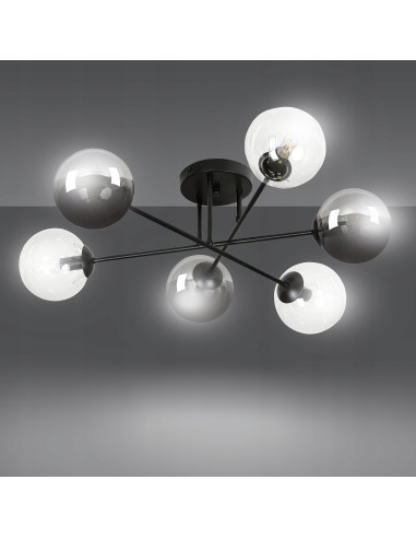 Plafon nowoczesny BRENDI czarny z przezroczystymi kloszami, 6-punktowe oświetlenie do salonu i sypialni