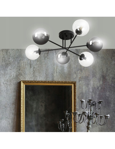 Plafon nowoczesny BRENDI czarny z przezroczystymi kloszami, 6-punktowe oświetlenie do salonu i sypialni