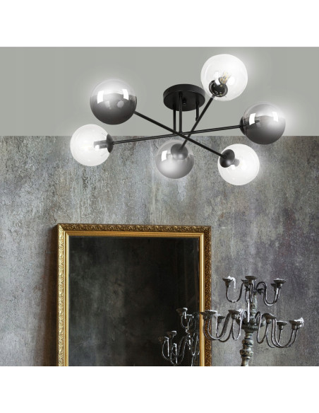 Plafon nowoczesny BRENDI czarny z przezroczystymi kloszami, 6-punktowe oświetlenie do salonu i sypialni