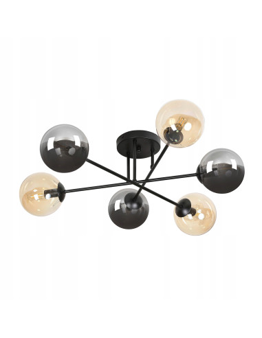 Plafon sufitowy BRENDI czarny, industrialny z 6 punktami świetlnymi E14 i eleganckimi szklanymi kloszami