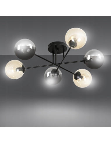Plafon sufitowy BRENDI czarny, industrialny z 6 punktami świetlnymi E14 i eleganckimi szklanymi kloszami