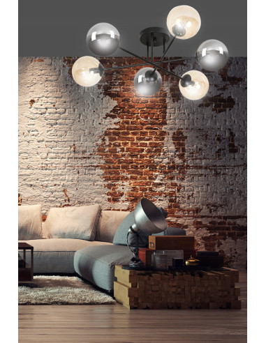 Plafon sufitowy BRENDI czarny, industrialny z 6 punktami świetlnymi E14 i eleganckimi szklanymi kloszami