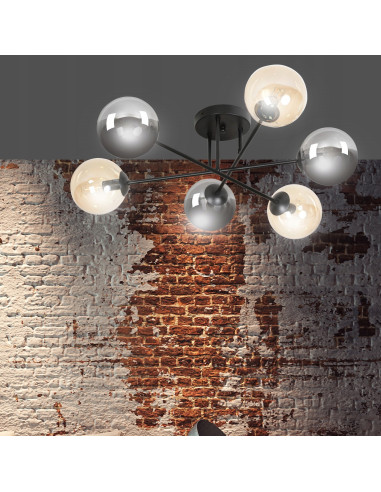 Plafon sufitowy BRENDI czarny, industrialny z 6 punktami świetlnymi E14 i eleganckimi szklanymi kloszami