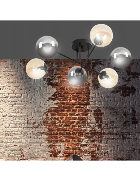 Plafon sufitowy BRENDI czarny, industrialny z 6 punktami świetlnymi E14 i eleganckimi szklanymi kloszami